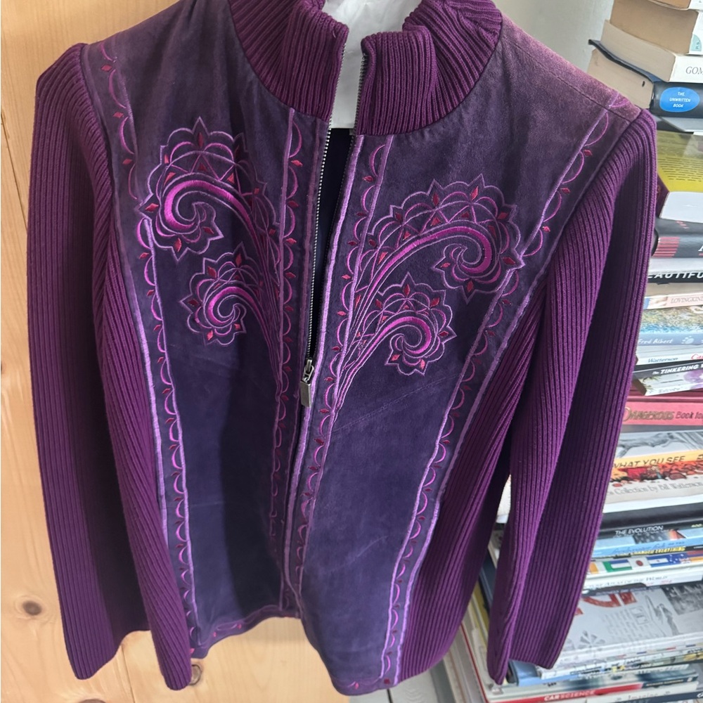 Bob Mackie Deep Purple Embroidered Zip-Front Jacket